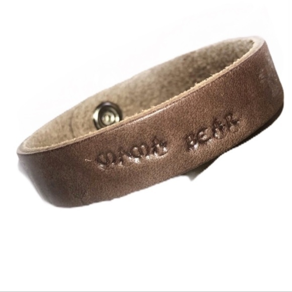 Handmade tooled “mama bear” & forest scene‎ brown 100% leather cuff bracelet